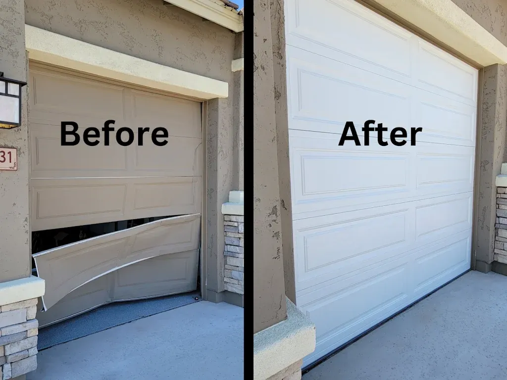 Garage door before and after repair for a Seguin, TX customer