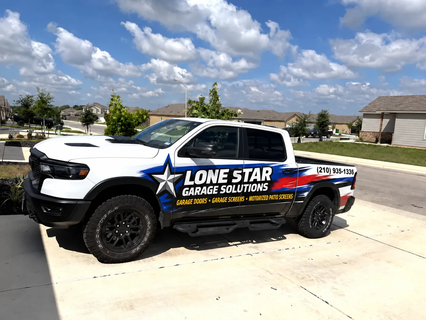 Lone Star Garage Solutions service truck parked at a New Braunfels, TX job site